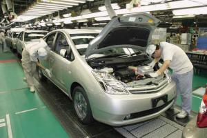 Prius, Toyota's hybrid vehicle, on the line at the Aichi Plant.