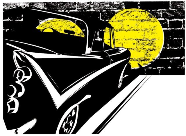 Illustration of a car in the dark in front of a wall.